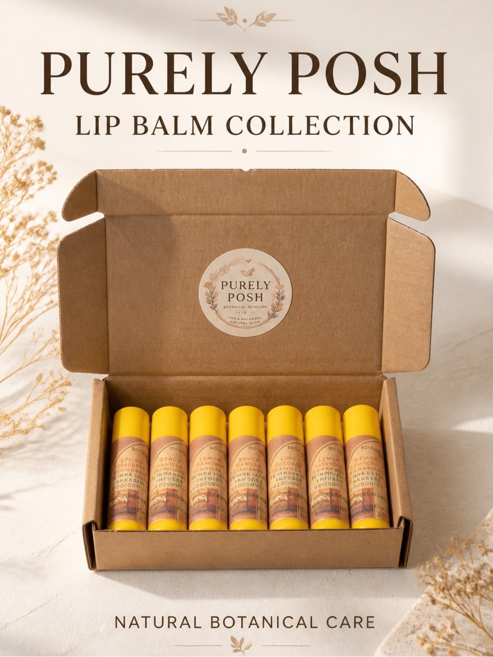 Set of 7 Botanical Lip Balms, 16 HR Slow-Infused Coconut Oil in Gift Box